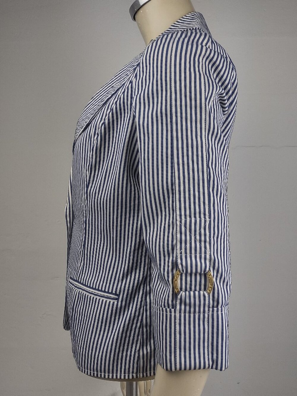 St. John blue white striped tabbed sleeve button front blazer jacket womens 4 - Picture 7 of 10